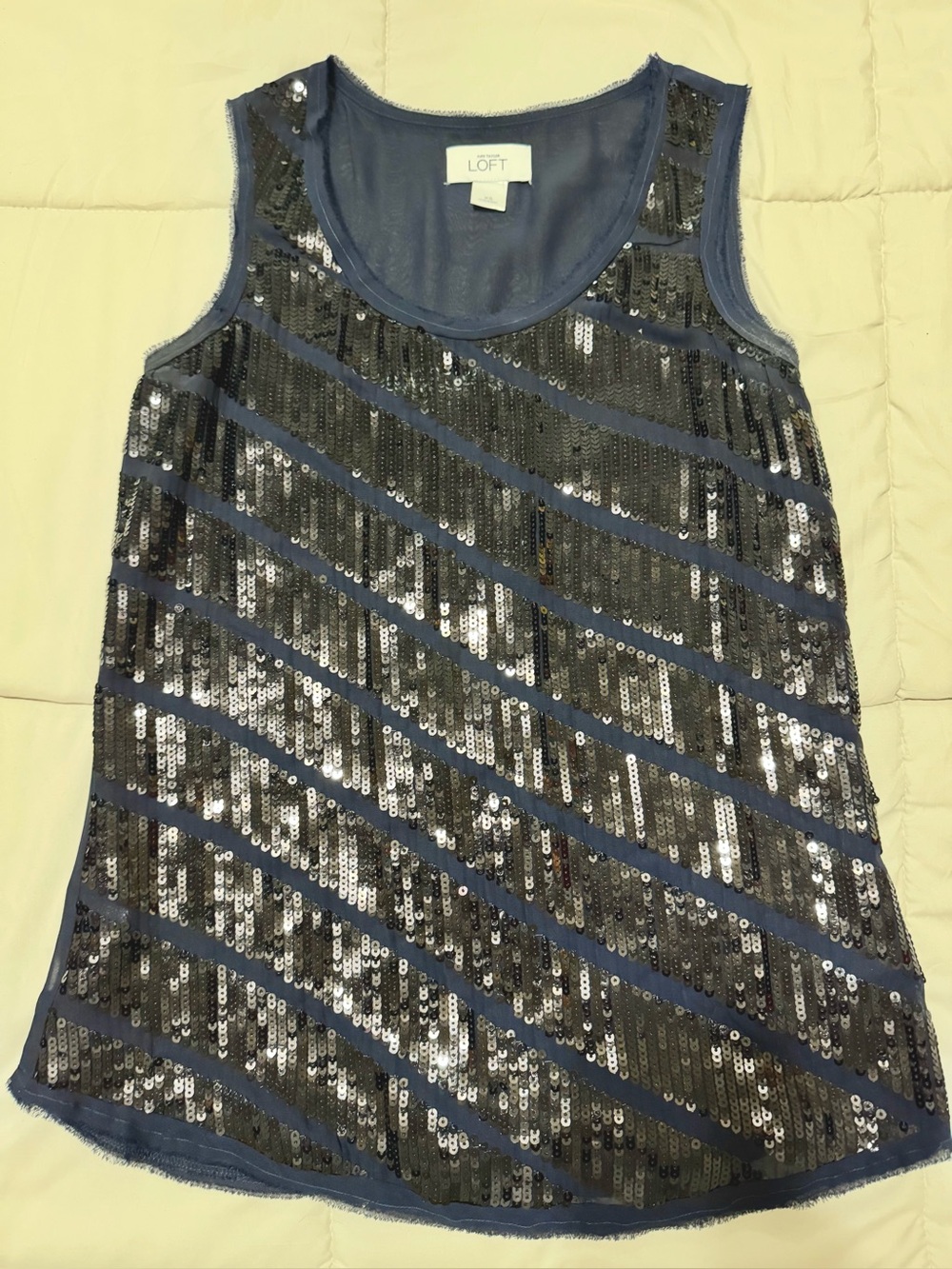 LOFT Navy Blue tank with black Diagonal Sequins
